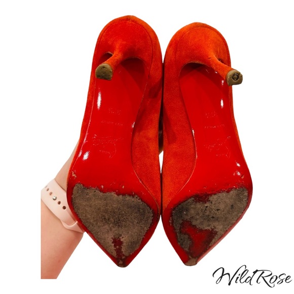 CHRISTIAN LOUBOUTIN “SCALOPUMP” 85 RED SUEDE SCALLOP TRIM LACE UP TIE HEELS 37.5 - Picture 11 of 17